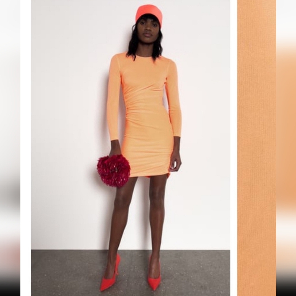 Zara Neon Oranges Draped Mini Dress Size medium *flaw, small tear near side zip